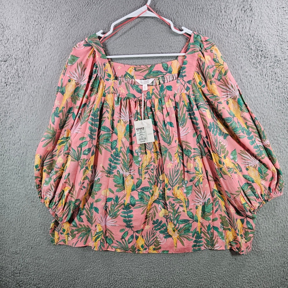 LC Lauren Conrad Pink Tropical Bird Print Square Neck Balloon Sleeve Blouse XL
